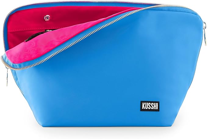 KUSSHI Washable Travel Makeup & Cosmetic Bag - Brush Organizer Sold Separately (Vacationer, Light Blue/Neon Pink)