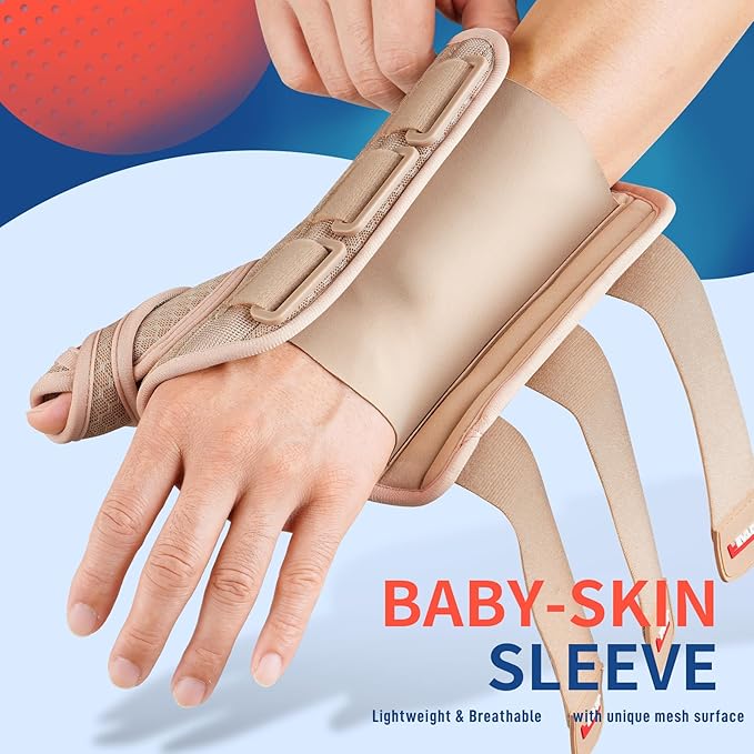 FEATOL Carpal Tunnel Wrist Brace Night Support, Thumb Spica Splint Left Hand for De Quervains Tenosynovitis, Tendonitis, Wrist Brace With Thumb Support-Small/Medium-Women & Men, Beige