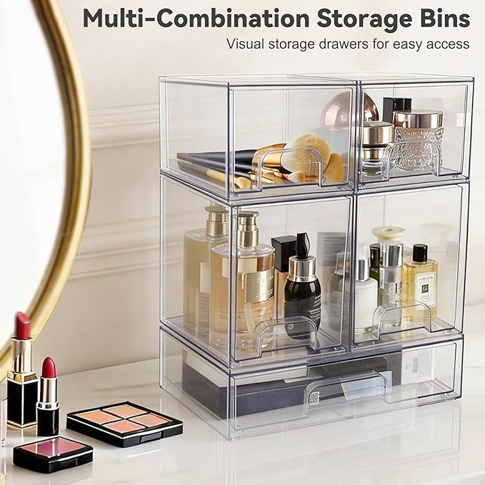 Clear Stackable Storage Drawers, Pull-Out Makeup Organizer, Transparent Baby Bottle Organizer, Storage Bins Suitable for Vanity Tables, Bathrooms, Kitchens (5-Piece Set)