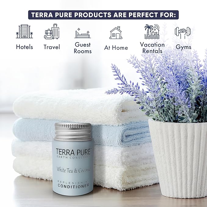 Travel Size Hotel Conditioner 100 Count 1oz Bottles Guest Amenities for Hotels Vacation Rentals & Short Term Rentals Paraben Free White Tea and Coconut Scent Infused with Aloe & Olive Oil | Terra Pure