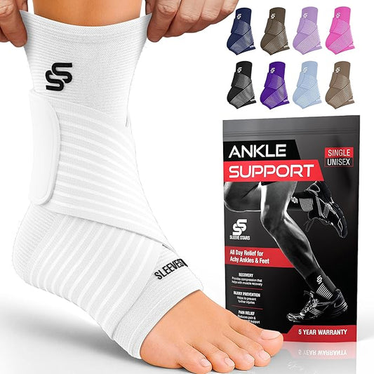 Sleeve Stars Ankle Brace for Women & Men, Ankle Wrap for Sprained Ankle, Compression Sleeve for Plantar Fasciitis Relief, Easy Customizable Support: w/Removable Strap (Single/M:10"-12"/White)