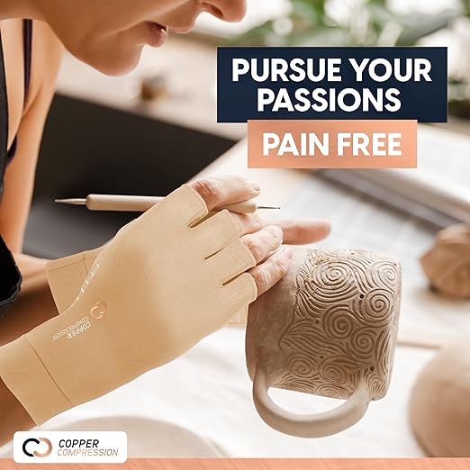 Copper Compression Arthritis Gloves | Fingerless Arthritis Carpal Tunnel Pain Relief for Men & Women | Hand Support Wrist Brace for Neuropathy, Rheumatoid, Tendonitis, Swelling, Crocheting Nude (M)
