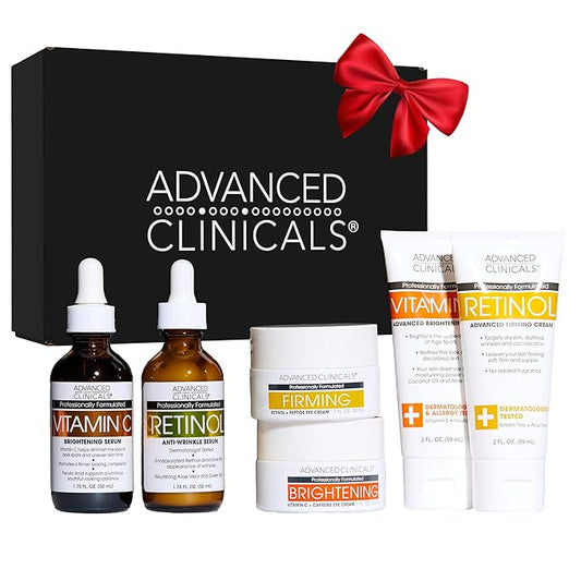 Advanced Clinicals Day-To-Night 6 Piece Skin Care Set Gift Box | (AM) Vitamin C + (PM) Retinol Face Serum, Under Eye Cream, & Travel Size Body Cream | Anti Aging Skincare Set Gift For Women & Men