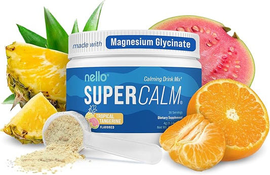Nello Supercalm Powdered Drink Mix Tub, Cortisol Reducer* and Sleep Aid Supplement, L Theanine, Ksm-66 Ashwagandha, Magnesium Glycinate, Vitamin D 3, No Sugar, Non GMO, 30 Ct, Tropical Tangerine