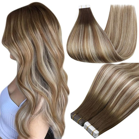 Full Shine Tape in Hair Extensions 16Inch Remy Tape ins Human Hair Invisible Seamless Balayage Tape Hair Extension Human Hair Color 3 Ombre 8 Highlighted 22 Medium Blonde Hair Extensions 50G 20Pcs