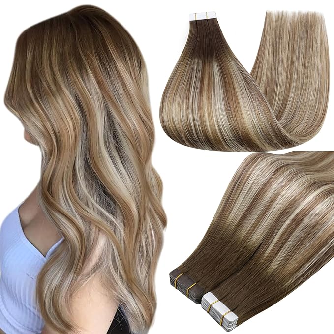 Full Shine 20Inch Tape in Real Human Hair Balayage Color 3 Ombre 8 Highlighted 22 Medium Blonde Human Hair Extensions Tape ins Seamless Invisible 50G Skin Weft Tape in Hair Extensions 20Pcs Straight