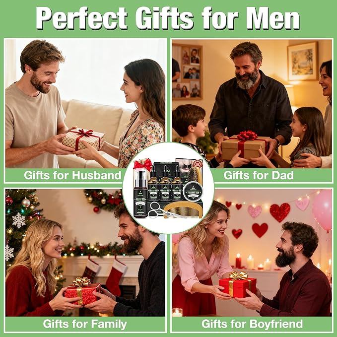 Dad Birthday Gifts,Beard Grooming Kit Includes 3 Scented Beard Oil,Sweet Tobacco Beard Shampoo & Balm, Brush, Comb,Scissors,Cool Men Christmas Stocking Stuffers Gifts for Men Him Boyfriend Husband