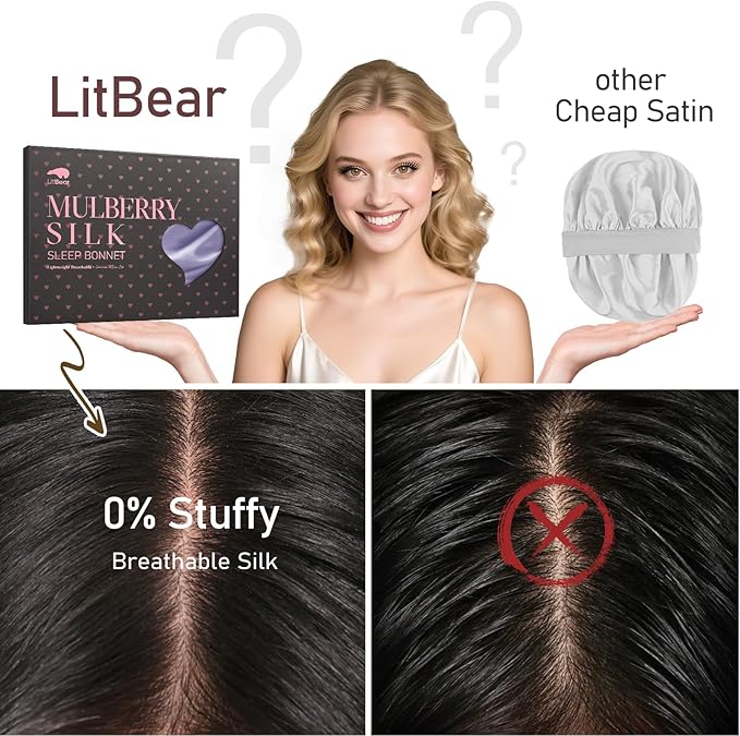 LitBear 100% Mulberry Silk Bonnet for Sleeping Women, 22 Momme Silk Hair Wrap with Elastic Band for Long Short Curly Hair