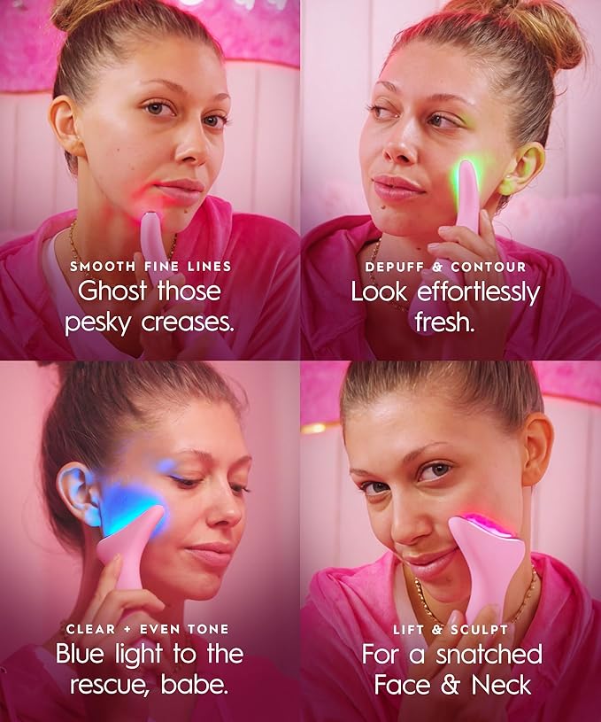 REVO Genie | 3-in-1 Face & Neck Beauty Massager with Heat, 3 Light Therapies, Smart Vibration | Red Light, Blue Light, Green Light Therapy for Smooth Glowing Skin - Pink Pearl