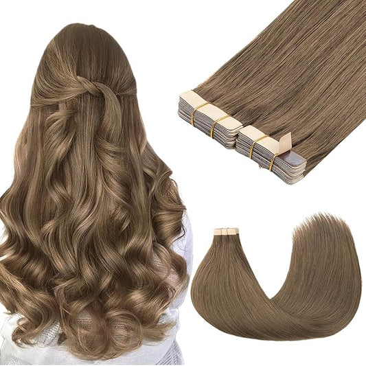 GOO GOO Tape in Hair Extensions Human Hair, 5 Light Ash Brown, 24inch 100g 40pcs, Skin Weft Seamless Invisible, Silky Straight with Thick Ends, Remy Human Hair
