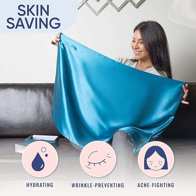 Blissy Silk Pillowcase - 100% Pure Mulberry Silk - 22 Momme 6A High-Grade Fibers - Silk Pillow Cover for Hair & Skin - Regular, Queen & King (Aqua, King)
