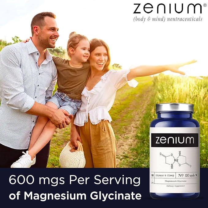 Zenium - Magnesium Glycinate for Sleep, Chelated, 600mg per Serving, 120 Capsules | High Absorption | Relieve Stress, Tension, Worry & Irritability | Calm Mind & Body | Ayurvedic | Natural Supplement