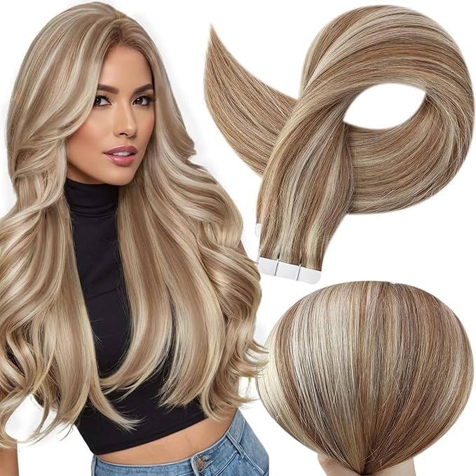 Full Shine Tape in Hair Extensions Human Hair Color 10P613 Golden Brown Highlighted Bleach Blonde Tape in Extensions 20 Inch Hair Extensions Tape ins Natural Invisible Skin Weft Hair 50G 20pcs