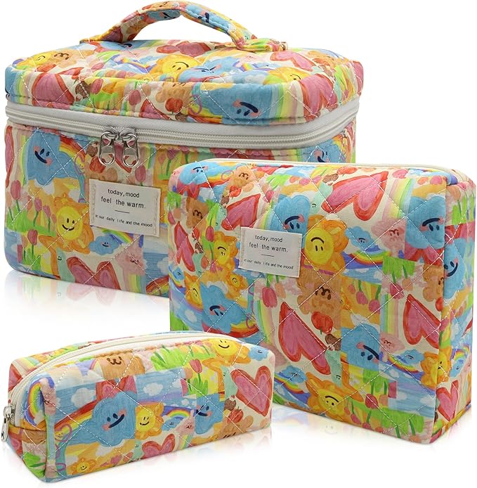 3pc Makeup Bag Set, Quilted Makeup Bag Set, Large Floral Cosmetic Bag for Women, Cute Cotton Makeup Bags, Flower Travel Toiletry Organizer Bag (Heart Shape)