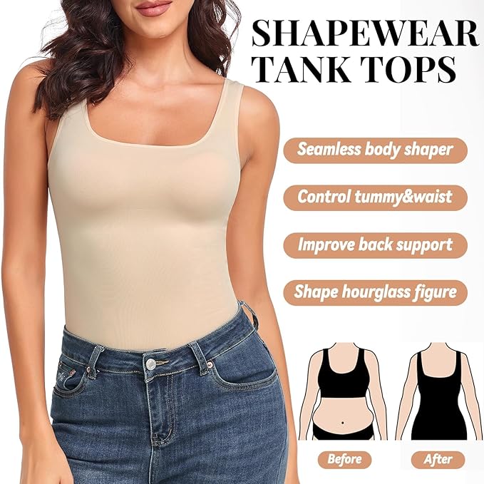 EUYZOU Women's Tummy Control Shapewear Tank Tops Seamless Square Neck Compression Tops Slimming Body Shaper Camisole
