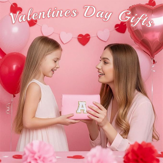 TOPEAST Initial Makeup Bag, Birthday Gifts for 4 5 6 7 8 9 10 11 12 Year Old Teen Girls, Personalized Preppy Cosmetic Bags Toiletry Bag (Pink A)