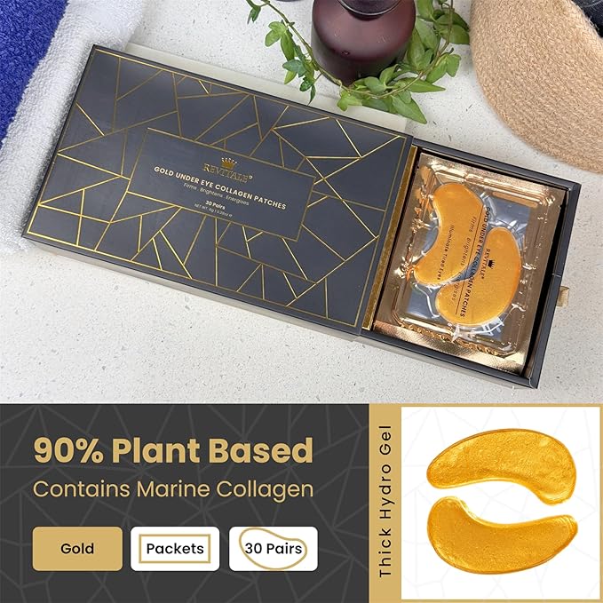 REVITALE 24k Gold Under Eye Collagen Patches, Reduce Puffy Eyes & Dark Circles, Illuminate Tired Eye Masks - Firms, Brightens, Energises (Packets - 30 Pair)