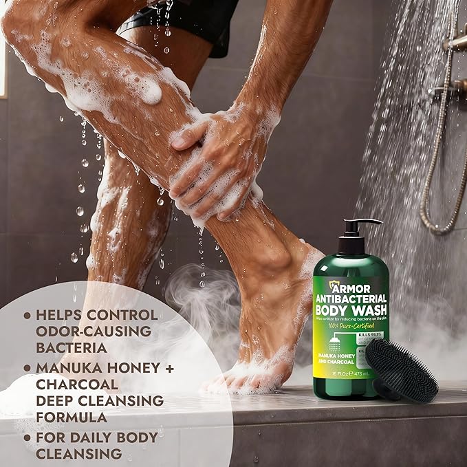 Antibacterial Body Wash | Antibacterial Soap for Men & Women | Kills 99.9% of Germs & Bacteria | Helps with Back Acne, Body Odor & Skin Irritation | Manuka Honey & Charcoal, 16 fl oz
