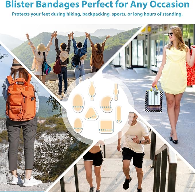 64ct Blister Bandages Waterproof Hydrocolloid Gel Pads for Heels & Toes, Adhesive Blister Cushions for Foot Protection, Hiking Essentials, Blister Prevention Patches, Soft Variety Band-Aids