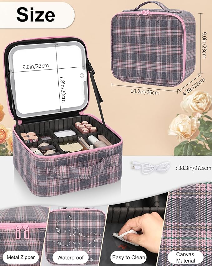 Relavel Travel Makeup Bag With LED Mirror, Portable Cosmetic Organizer Bag with Adjustable Brightness in 3 Color Scenarios, Small Train Case with Detachable Dividers for Trip- Grey Strip