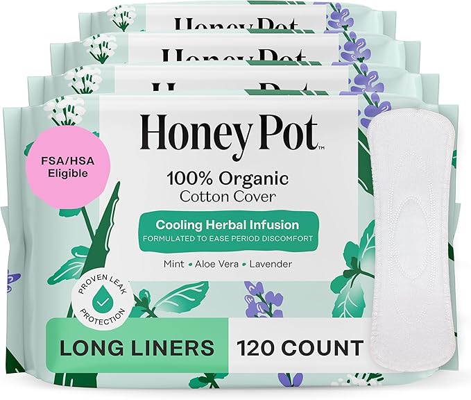 The Honey Pot Company - 120ct - Herbal Long Panty Liners for Women - Infused w/Essential Oils for Cooling Effect & Organic Cotton Cover - Feminine Care