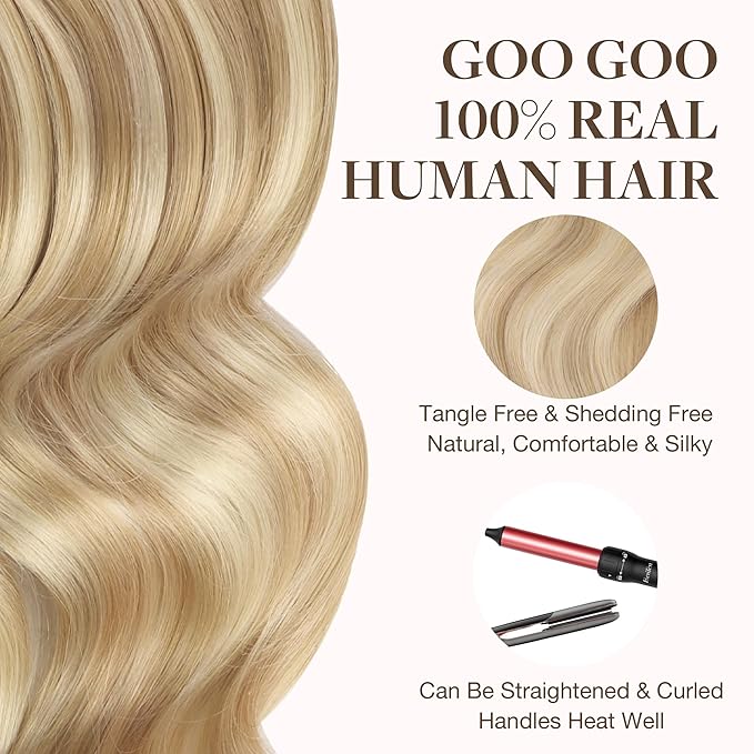 GOO GOO Tape in Hair Extensions Human Hair, 18A/613A Dark Blonde Highlighted Bleach Blonde, 14inch 50g 20pcs, Skin Weft Seamless Invisible, Silky Straight with Thick Ends, Remy Human Hair