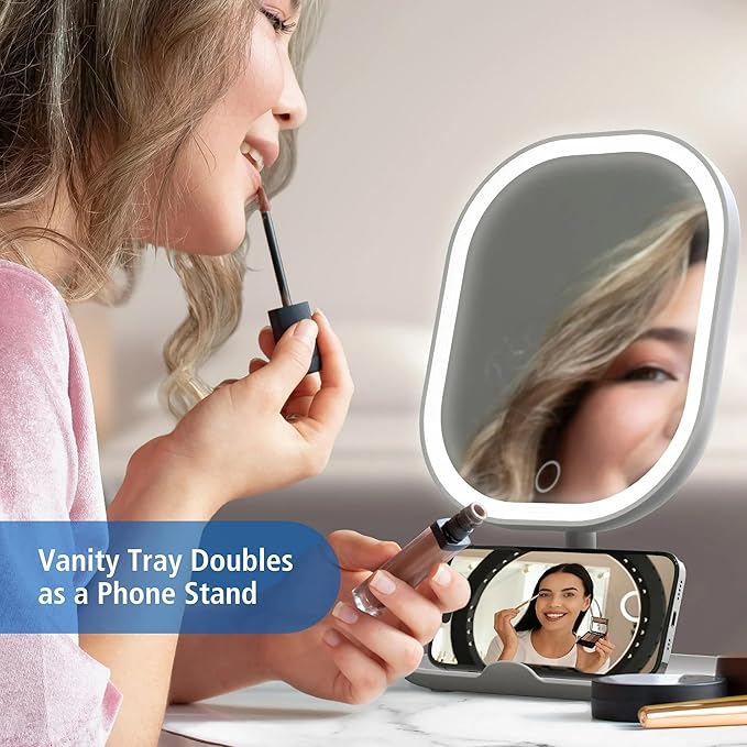 Rechargeable LED Makeup Mirror with Lights, 5X Magnifying & Storage Tray | Touch Control Vanity Mirror for Desk, Compact Makeup Mirror with Adjustable Brightness