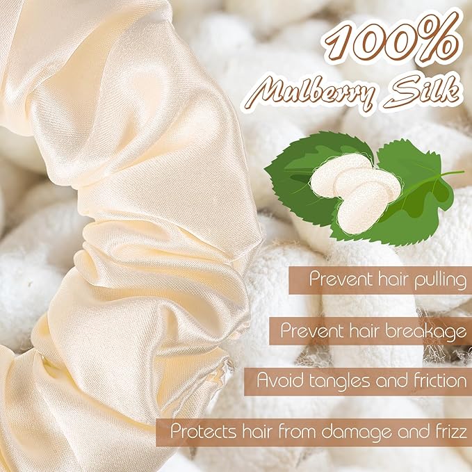 100% Mulberry Silk Scrunchies for Hair Bun Ponytail, No Damage 4 Pack Silk Hair Ties for All Hair Types Valentines Gifts for Women Girls