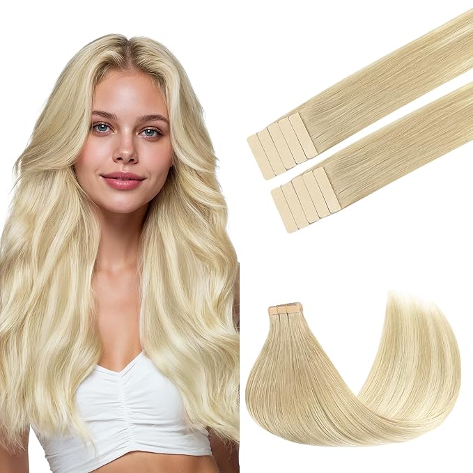 GOO GOO Tape in Hair Extensions Human Hair, 18ET90A Natural Blonde Balayage, 14inch 25g 10pcs, Skin Weft Seamless Invisible, Silky Straight with Thick Ends, Remy Human Hair