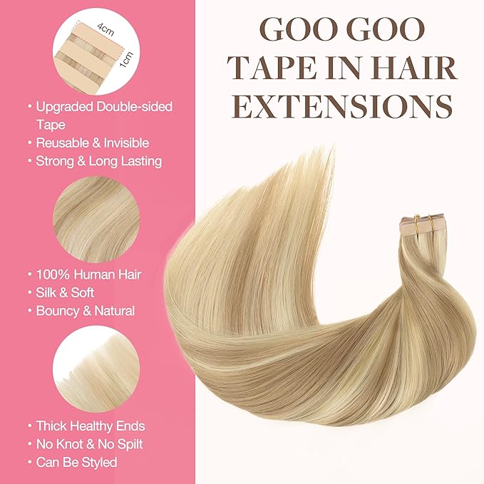GOO GOO Tape in Hair Extensions Human Hair, 18A/613A Dark Blonde Highlighted Bleach Blonde, 24inch 50g 20pcs, Skin Weft Seamless Invisible, Silky Straight with Thick Ends, Remy Human Hair