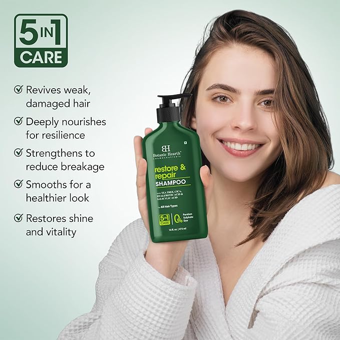 Botanic Hearth Tea Tree Shampoo Infused With Cica, Hyaluronic Acid & Salicylic Acid | Clarifying Shampoo To Repair, Restore & Strengthen Hair | Paraben & Sulfate Free | For All Hair Types, 16 Fl Oz