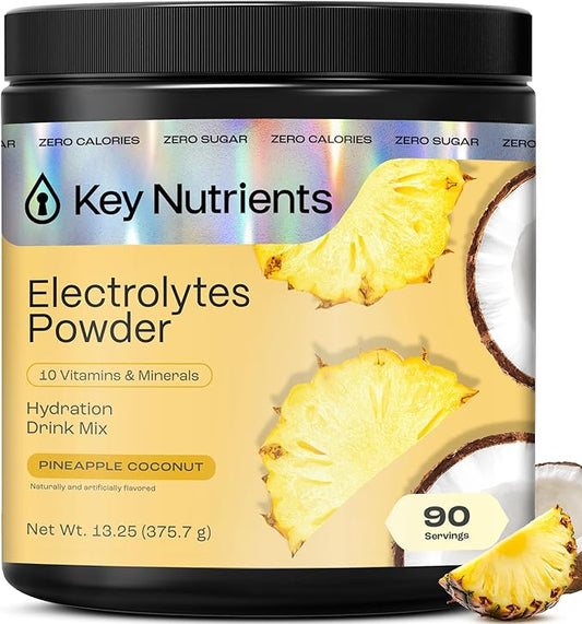 KEY NUTRIENTS Multivitamin Electrolytes Powder No Sugar - Tropical Pineapple Coconut Electrolyte Powder - Endurance & Energy Supplement - Hydration Powder - No Calories - 90 Servings - Made in USA