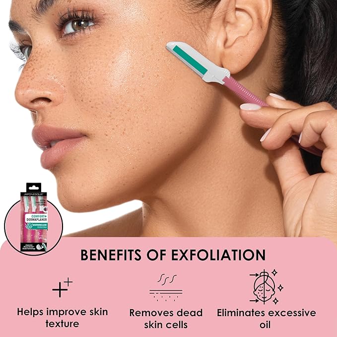 JAPONESQUE Dermaplaner with Soothing Aloe Comfort Strip - Skin Tool with Ultra Precision Blade for Facial Hair Removal and Exfoliation, 3pk.