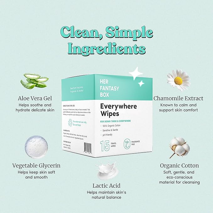 Her Fantasy Box | Everywhere Wipes – 100% Organic Cotton, Gentle & Refreshing, pH-Balanced, Fragrance-Free, Plant-Powered for Body, Face & Intimate Areas, Ideal for Sensitive Skin - 12 Pack, 180 Wipes