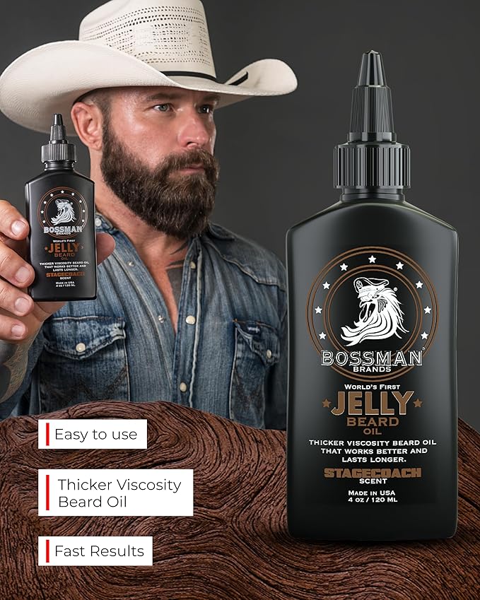 Bossman Jelly Beard Oil for Men & Beard Balm for Men Combo - Softens, Tames Moisturizes & Conditions - Stagecoach Scent - Natural Ingredients & Made in USA