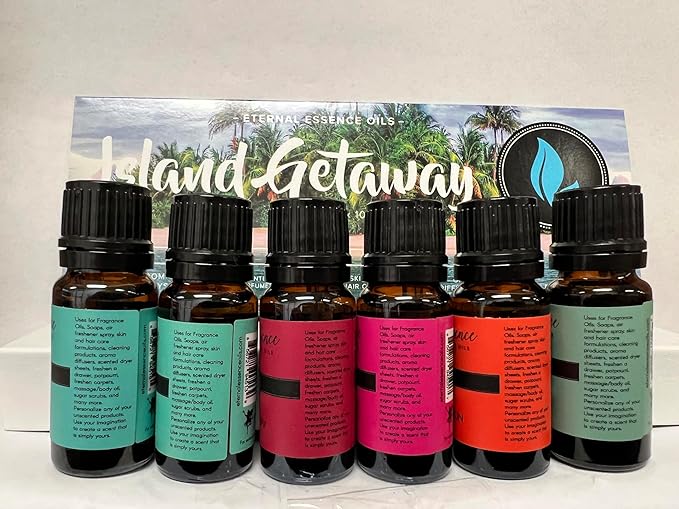 Eternal Essence Oils Island Getaway Set of 6 Premium Fragrance Oils - Includes Barrier Reef, Mountain Meets The Ocean, Beautiful Day, Caribbean Escape, Mermaid, and Honolulu Sun Hype - 10ML