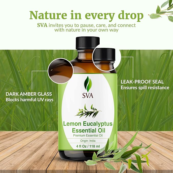 SVA Lemon Eucalyptus Essential Oil – 4 Fl Oz – 100% Natural Citriodora Oil - for Diffuser, Hair Care, Face, Skin Care, Aromatherapy, Scalp and Body Massage, Soap and Candle Making – with Dropper