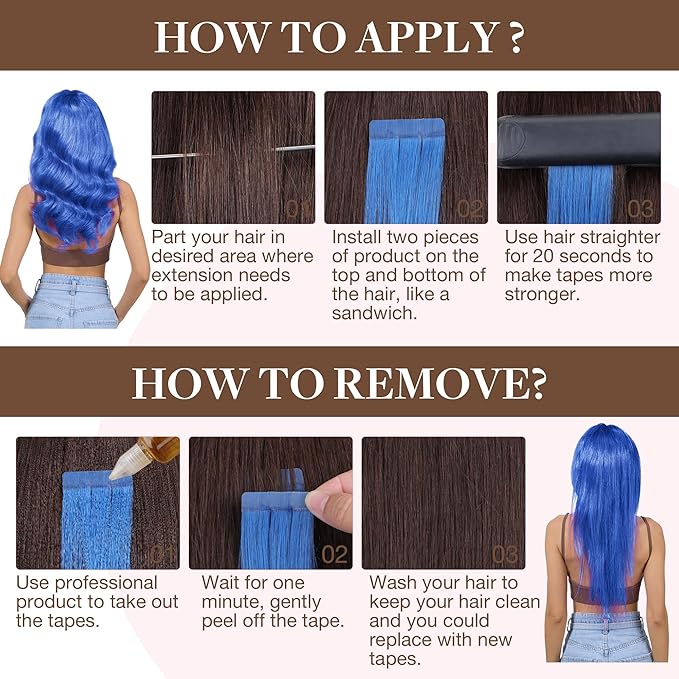 GOO GOO Tape in Hair Extensions Human Hair, Blue, 16inch 25g 10pcs, Colored Tape ins Human Hair Extensions, Silky&Soft Invisible Tape Ins, Hair Highlighted for Party