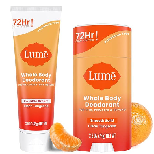Lume Whole Body Deodorant - Invisible Cream Tube and Solid Stick - 72 Hour Odor Control - Aluminum Free, Baking Soda Free, Skin Safe - 3.0 Ounce Tube and 2.6 Ounce Solid Stick Bundle (Clean Tangerine)