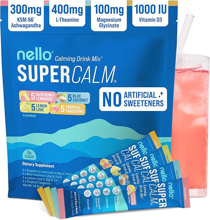 Nello Supercalm Powdered Drink Mix, Cortisol Reducer* and Sleep Aid Supplement, L Theanine, Ksm-66 Ashwagandha, Magnesium Glycinate, Vitamin D 3, No Sugar, Non GMO, On The Go, 20 Ct, Variety Pack