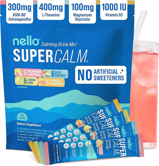 Nello Supercalm Powdered Drink Mix, Cortisol Reducer* and Sleep Aid Supplement, L Theanine, Ksm-66 Ashwagandha, Magnesium Glycinate, Vitamin D 3, No Sugar, Non GMO, On The Go, 20 Ct, Variety Pack