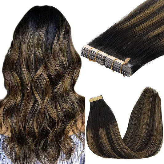 GOO GOO Tape in Hair Extensions Human Hair, 1B/6/1B Balayage Natural Black to Chestnut Brown, 10inch 60g 40pcs, Skin Weft Seamless Invisible, Silky Straight with Thick Ends, Remy Human Hair