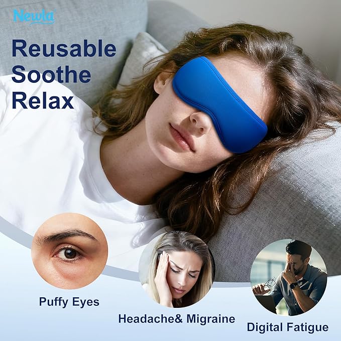 Contoured Cooling Gel Eye Mask: Snug Fit Cold Compress for Puffiness Migraines Dark Circles Sinus Eye Strain - Fits All Head Sizes - Daily Relaxation Beauty Care Travel (Blue)