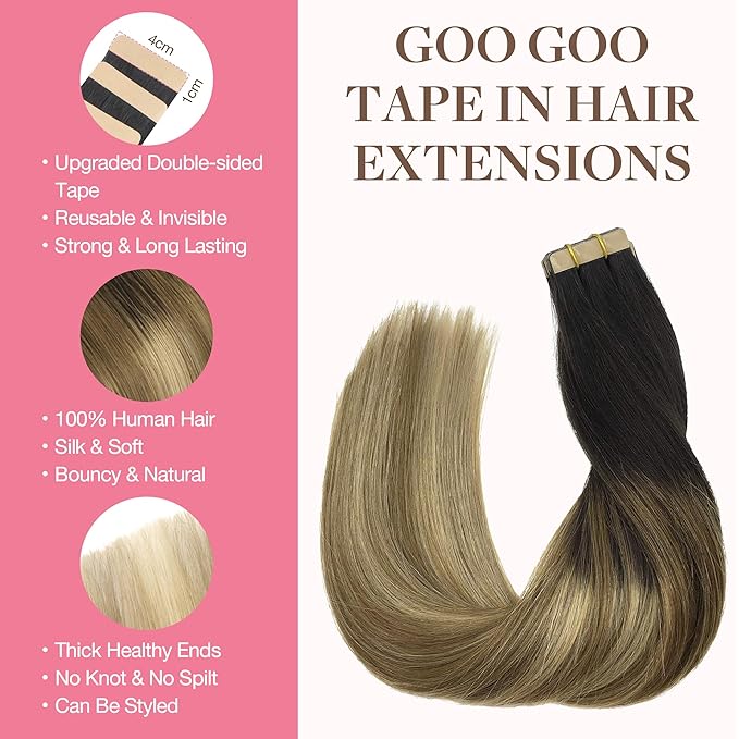 GOO GOO Tape in Hair Extensions Human Hair - Balayage Brown to Dirty Blonde, 24 Inch 50g 20pcs, Thick Ends Straight Seamless Invisible Tape in Extensions