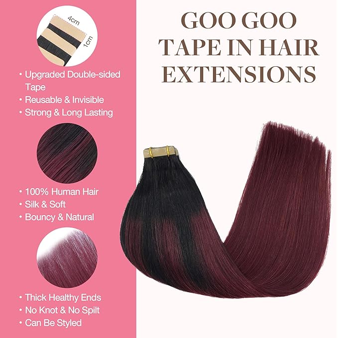 GOO GOO Tape in Hair Extensions Human Hair, 1/99 Balayage Jet Black to Red, 10inch 60g 40pcs, Skin Weft Seamless Invisible, Silky Straight with Thick Ends, Remy Human Hair