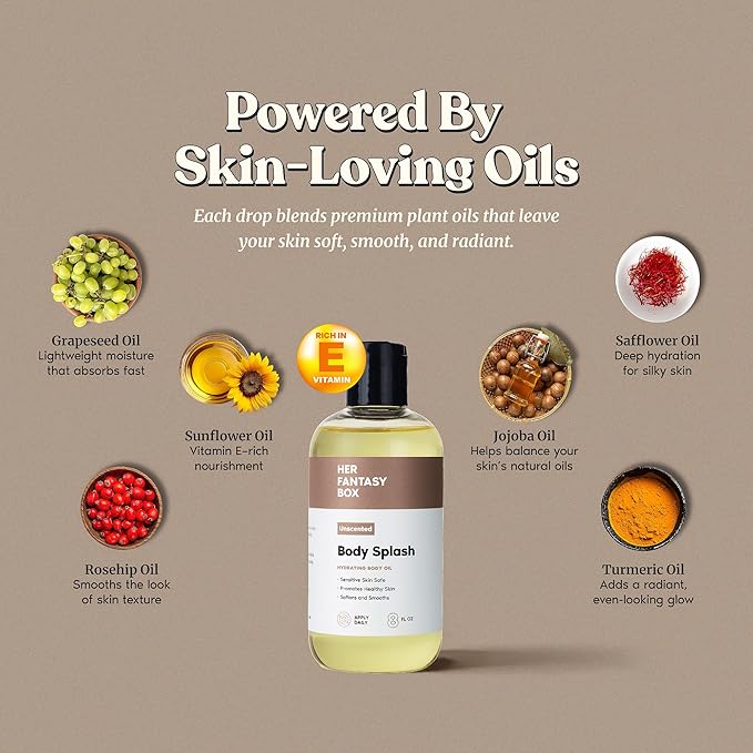 Her Fantasy Box | Body Splash Hydrating Body Oil - Moisturizing, Non-Greasy Formula for Soft, Smooth Skin - All-Natural, Lightweight & Nourishing (8 Fl Oz, Unscented)