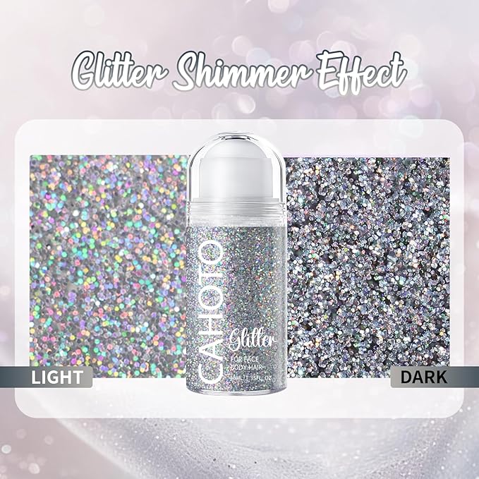 CAHOTO Silver Rolling Glitter for Face Body & Hair, Sparkling Holographic Chunky Shimmer, Roll-on Sequins for Singer Concert Rave Festival Halloween Party Carnival, 1.35fl.oz