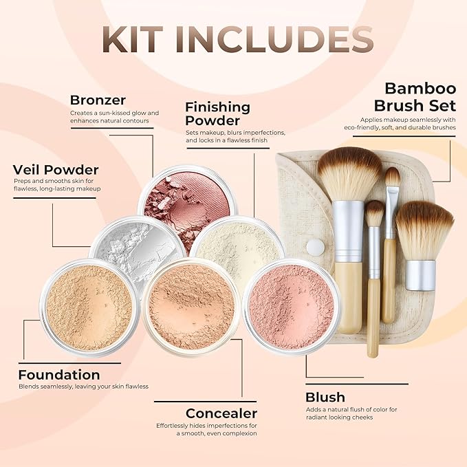 EVERYDAY KIT (WARM Shade-Most Neutral) Full Size Mineral Makeup Set Matte Foundation Bare Face Sheer Powder Cover