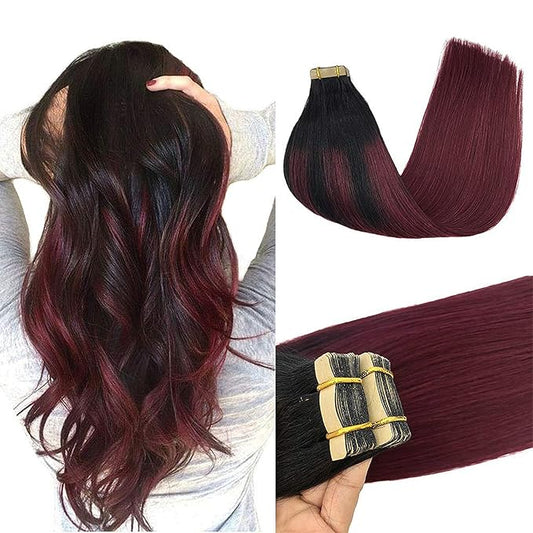 GOO GOO Tape in Hair Extensions Human Hair, 1/99 Balayage Jet Black to Red, 10inch 30g 20pcs, Skin Weft Seamless Invisible, Silky Straight with Thick Ends, Remy Human Hair