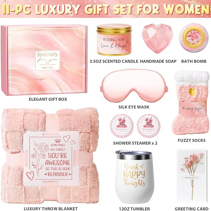 Birthday Gifts for Women, Self Care Get Well Soon Gift Baskets for Women, Rose Relaxing Spa Gifts Care Package with Blanket, Unique Valentines Day Gift Ideas for Her Wife Girlfriend Mom Friend Sister